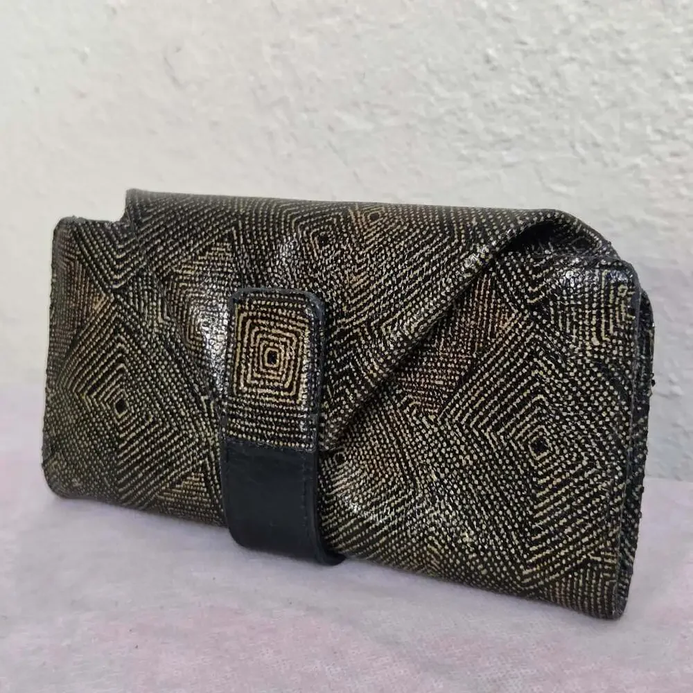 Hiroko Hayashi Black and Gold Geometric Genuine Leather Wallet Clutch